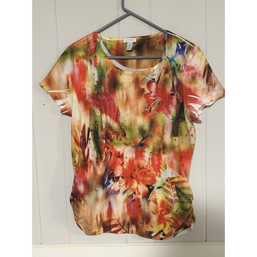 CHICOS Blouse Womens Top Size 2 Large Top Floral 3/4 Sleeve USA Watercolor
